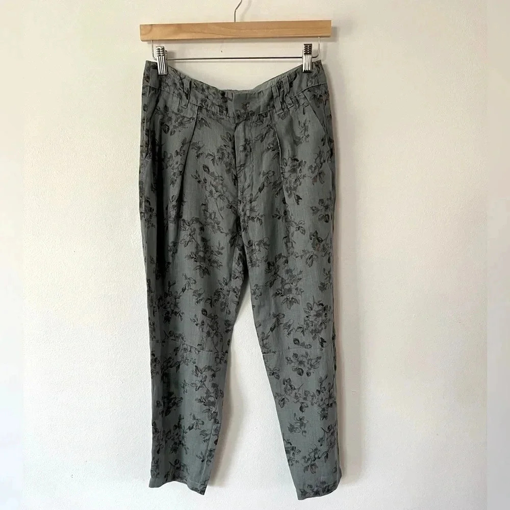 Wrap London Dark Gray Floral Garment Dyed 100% Linen Pleated Pants Size 4 NWT